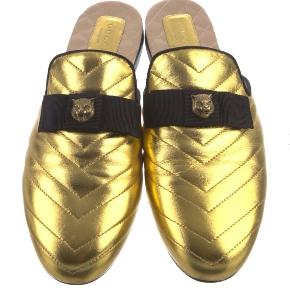 Gucci Metallic Gold Quilted Leather Slip-On Mules with Tiger Medallion